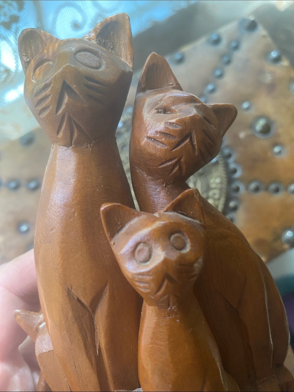 Vintage Hand-Carved MCM Mid -Century Modern Wooden Atomic Cat Family Figurine